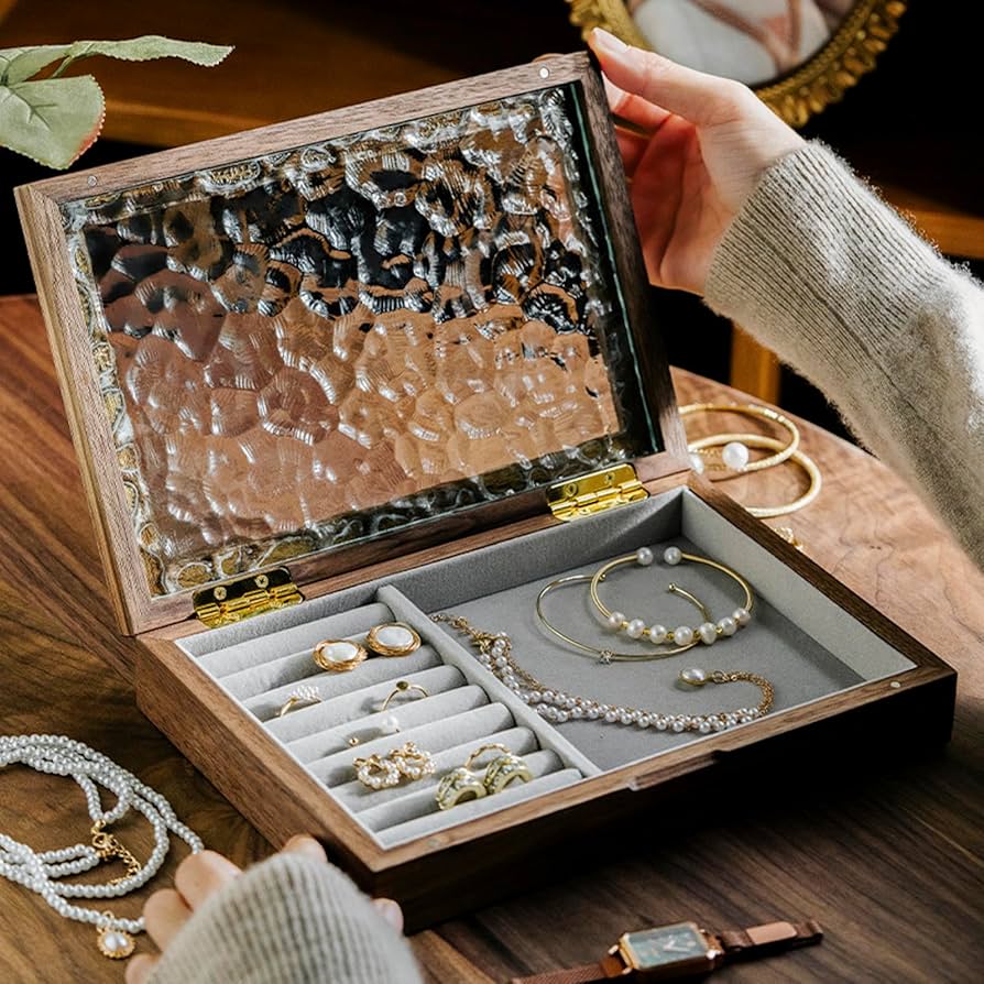 * vintage Jewelry box ✵ * 硝子の ジュエリーボックス Amazon.com: AHNIK Wooden Vintage Glass Jewelry Box, Solid